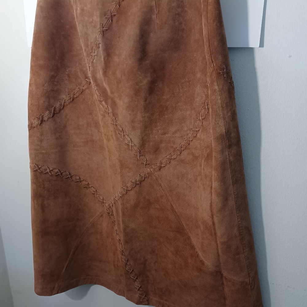 Vintage Faded Glory Brown Suede Midi Skirt With X Design Zip-Up Closure Side 12 - Picture 6 of 11
